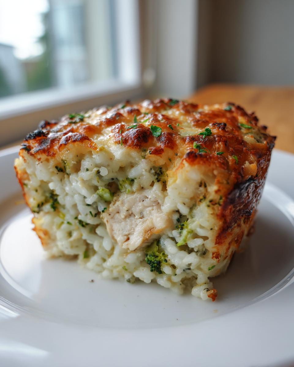 A square portion of cheesy chicken and broccoli rice casserole with a golden-brown crust, served on a white plate.