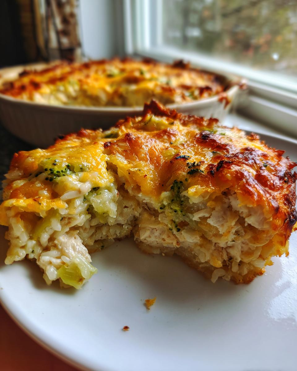 Close-up of a hearty slice of rice casserole with melted cheddar cheese, broccoli, and chicken, with the rest of the dish blurred in the background.