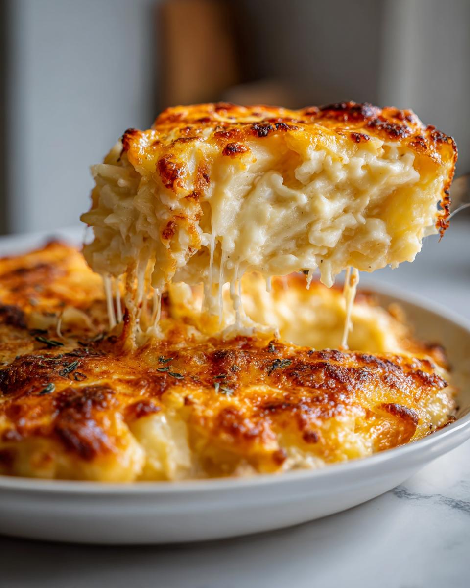 A serving spoon lifts a portion of cheesy potato casserole, showing long cheese pulls and a golden-brown crust.