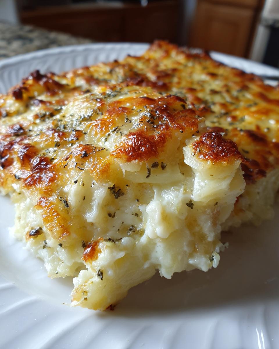 A close-up serving of cheesy potato casserole with a bubbly, golden-brown cheese crust sprinkled with herbs.