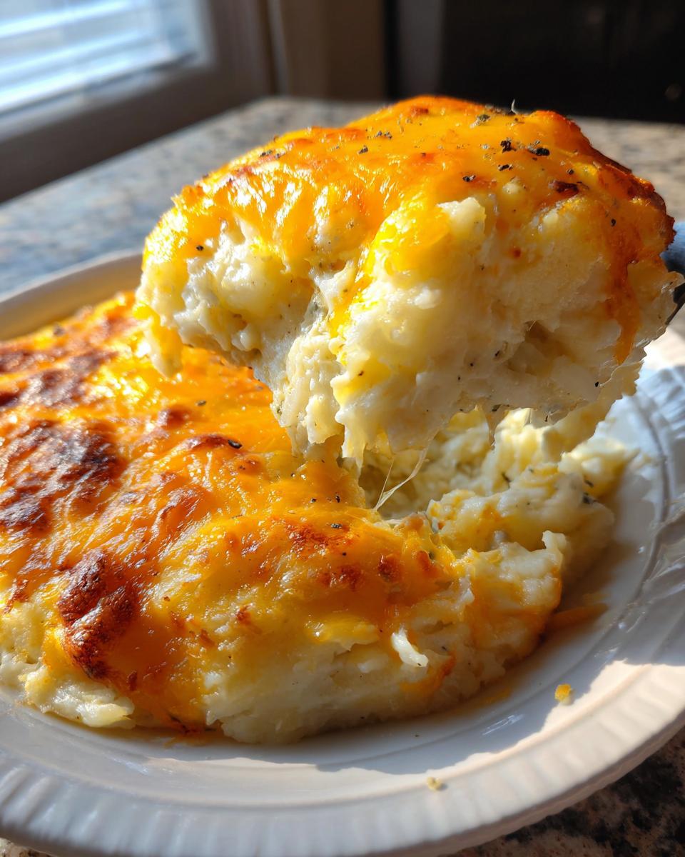 A scoop of creamy, cheesy potato casserole being lifted from the dish, showing melted, browned cheddar cheese.