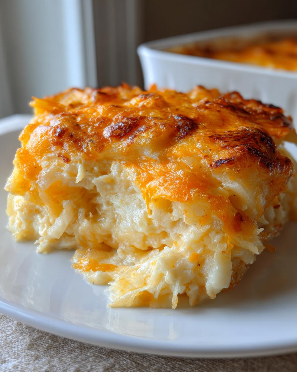 A close-up serving of creamy, shredded cheesy potato casserole with a bubbly, golden-brown cheese crust.