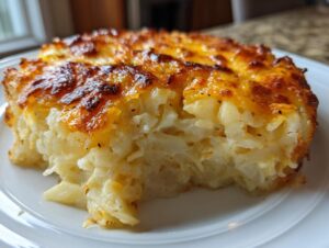 A close-up of a serving of cheesy potato casserole showing creamy interior and a bubbly, browned cheese top.