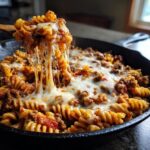 A wooden spoon lifts a serving of cheesy enchilada pasta, showing long, gooey cheese pulls over the skillet.