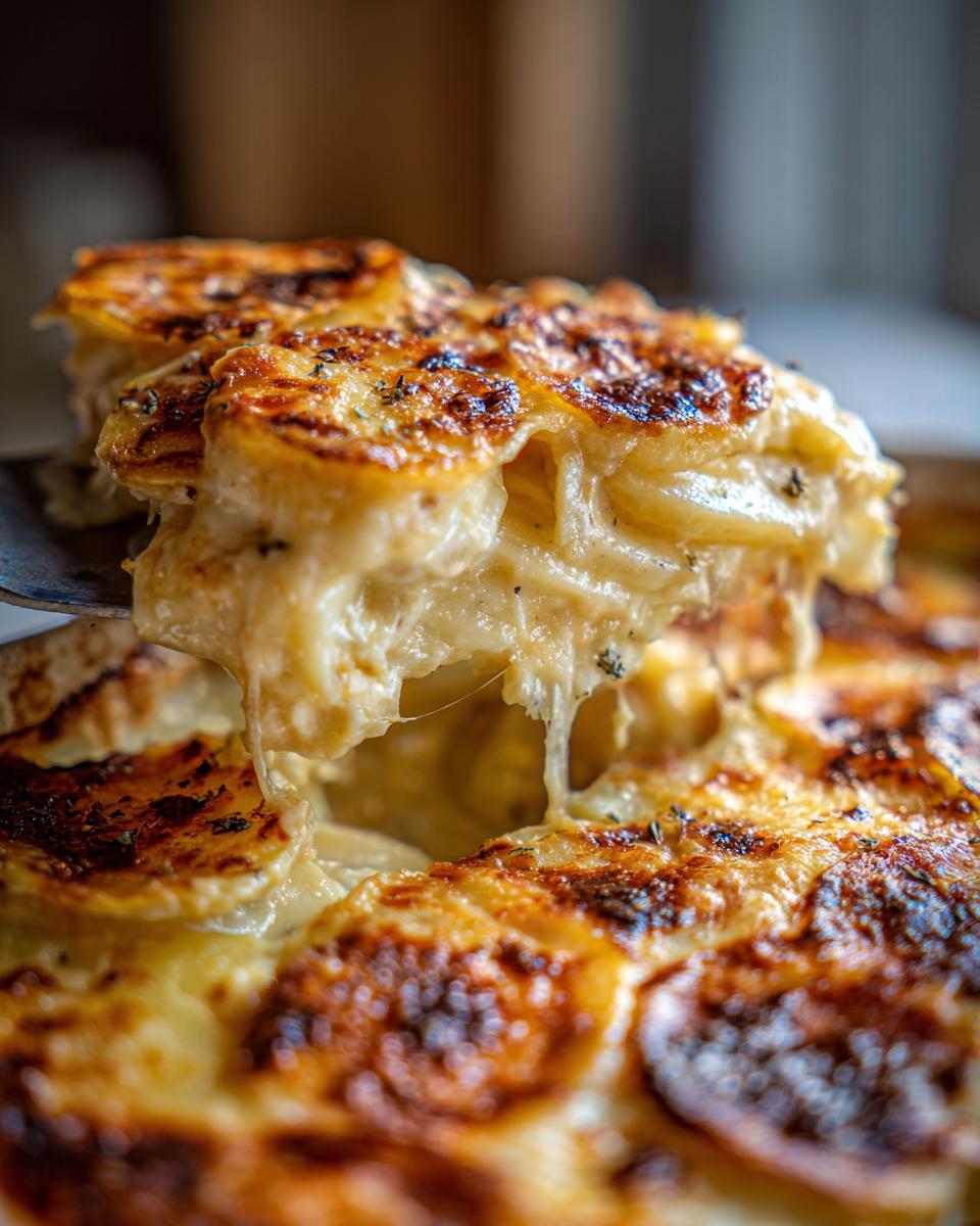 Close-up of a serving spoon lifting a cheesy portion of baked scalloped potatoes recipe with a golden-brown crust.