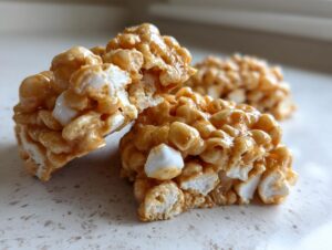 Close-up of two pieces of sticky, caramel-colored avalanche cookies showing crispy cereal and melted marshmallows.