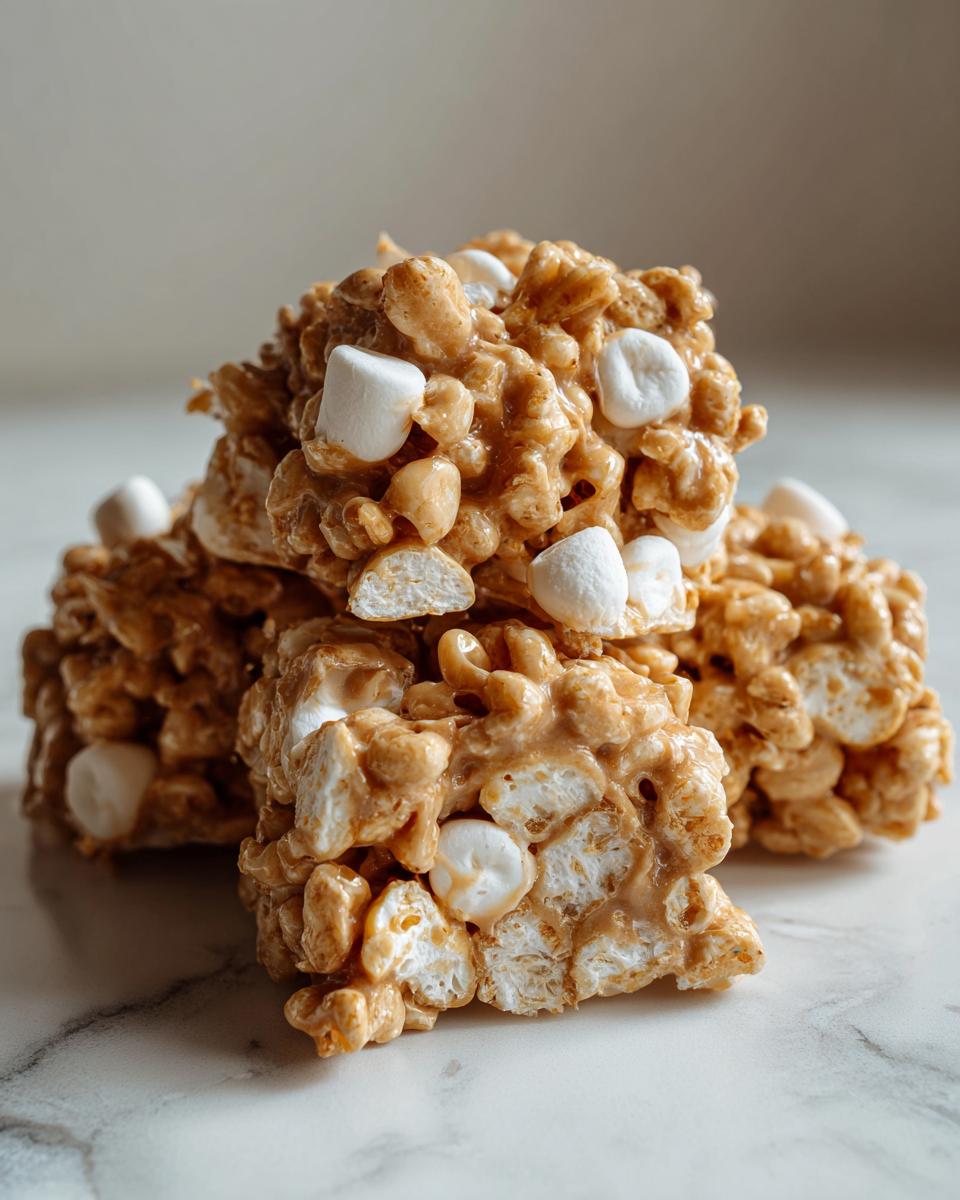 A stack of homemade avalanche cookies showing crispy cereal, peanut butter coating, and mini marshmallows.