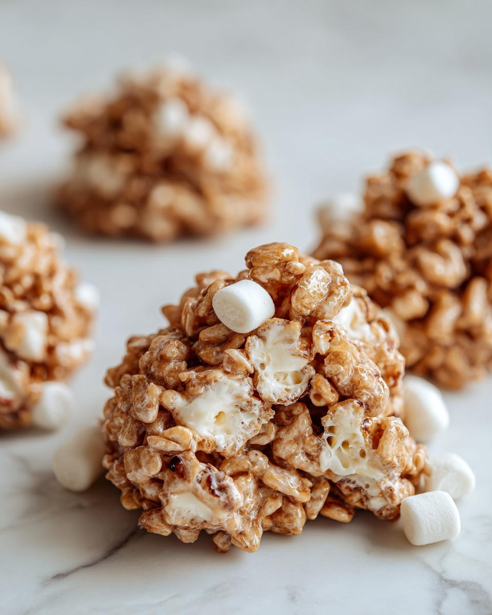 Close-up of a cluster of homemade avalanche cookies, showing the sticky, caramel-colored mixture and embedded mini marshmallows.