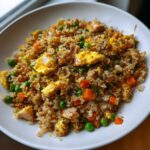 A close-up shot of savory chicken fried rice mixed with bright green peas, diced carrots, and scrambled egg pieces.