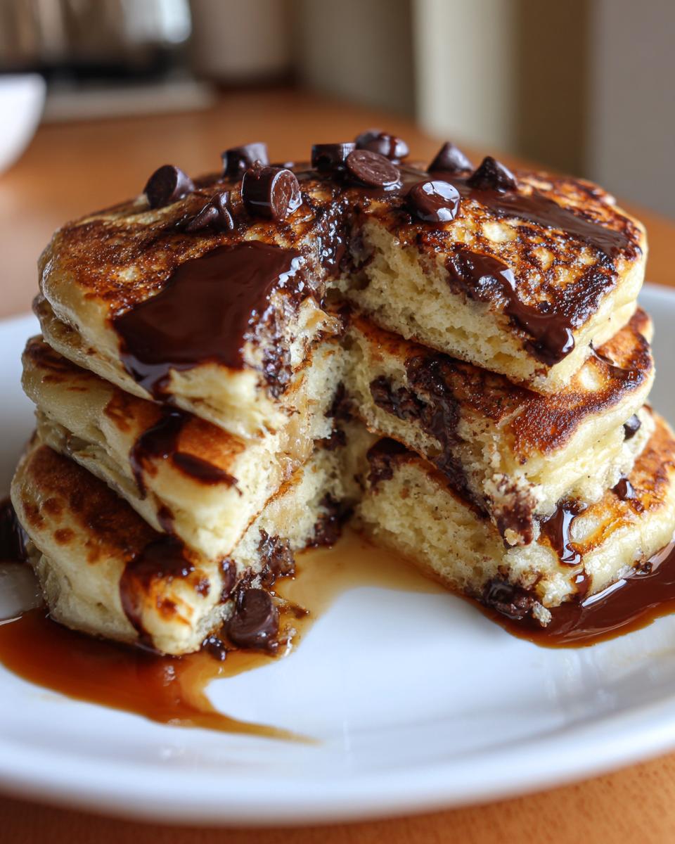A stack of fluffy chocolate chip pancakes cut open to show melted chocolate chips, drizzled with syrup.