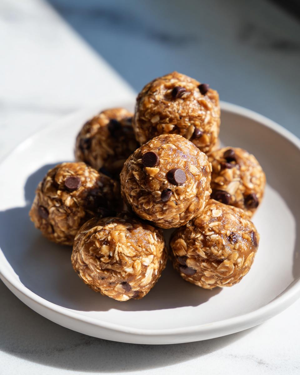 A stack of homemade chocolate chip protein balls made with oats, served on a light gray plate.