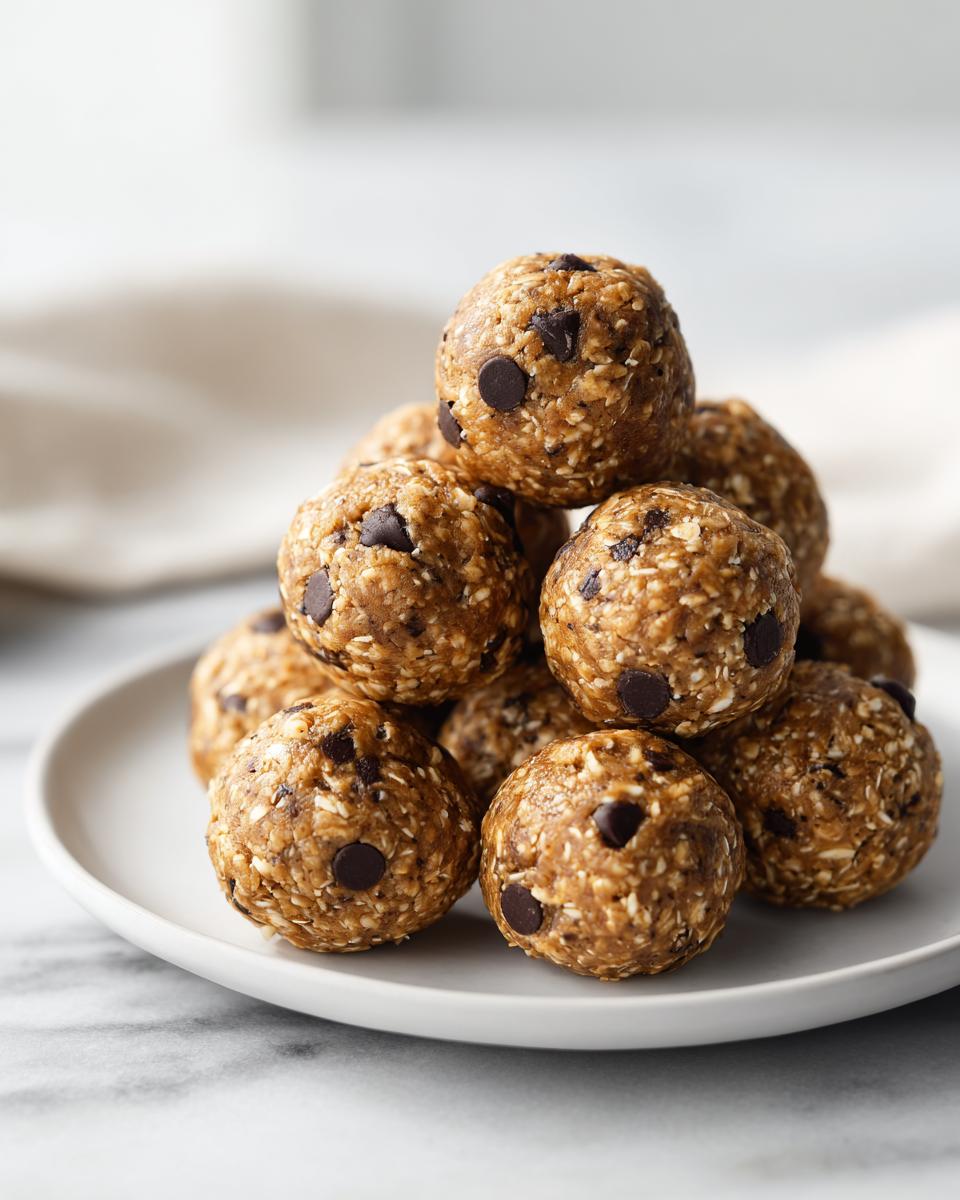 A close-up stack of homemade chocolate chip protein balls piled high on a simple white plate.