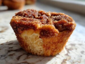 A close-up, macro shot of a fluffy cinnamon sugar french toast muffin showing the sugary, spiced topping and soft interior.