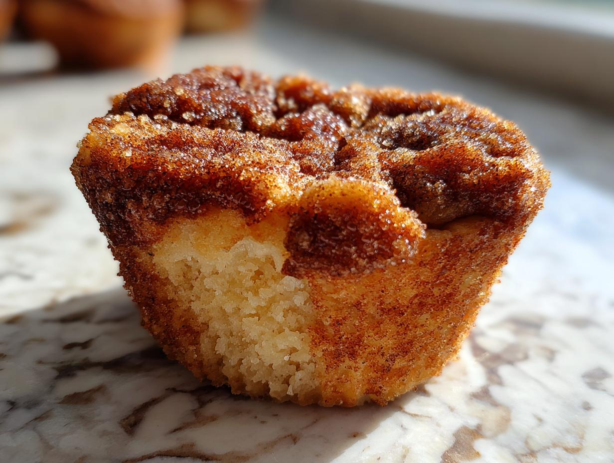 A close-up, macro shot of a fluffy cinnamon sugar french toast muffin showing the sugary, spiced topping and soft interior.