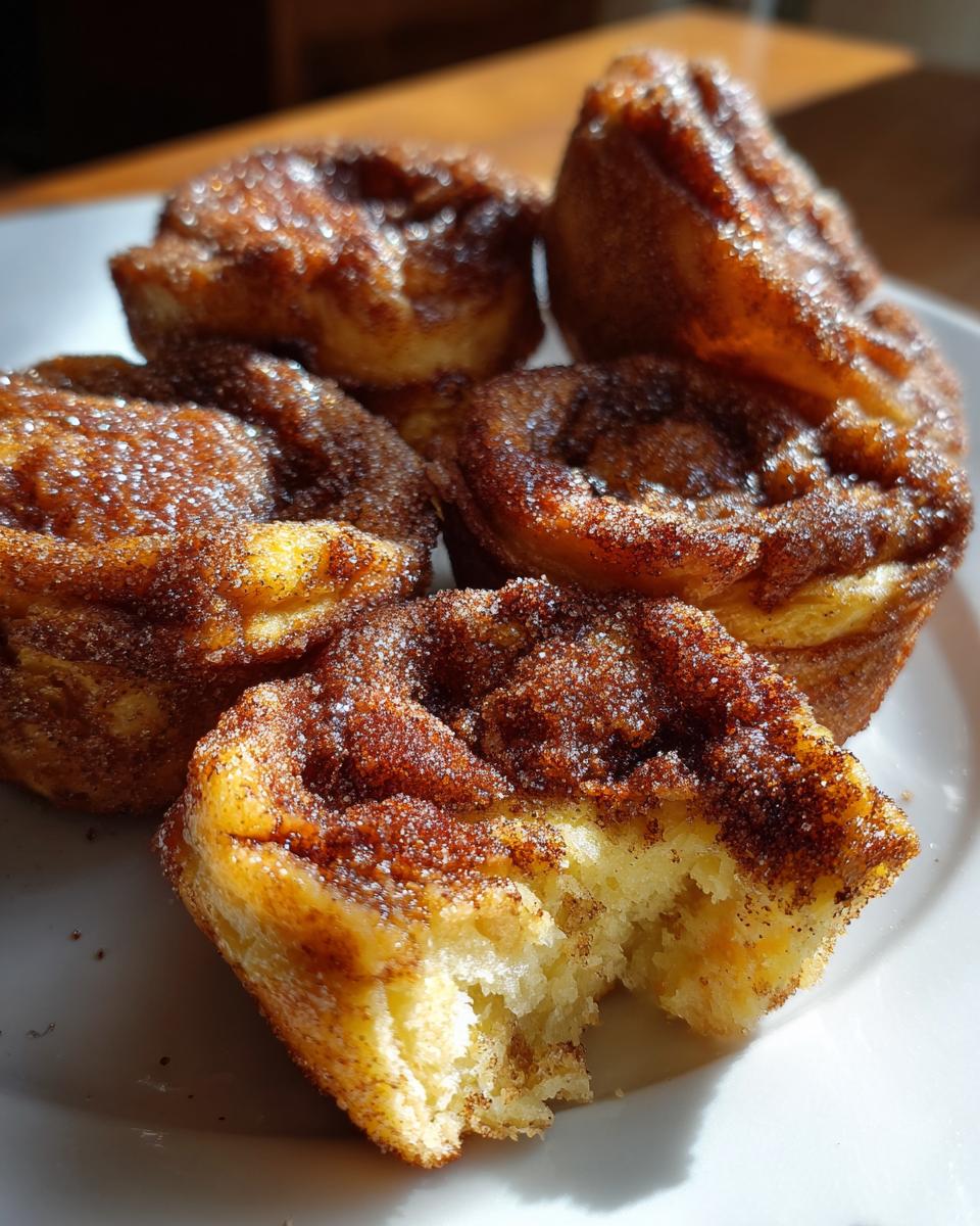 Close-up of several golden french toast muffins topped with sparkling cinnamon sugar, one has a bite taken out.
