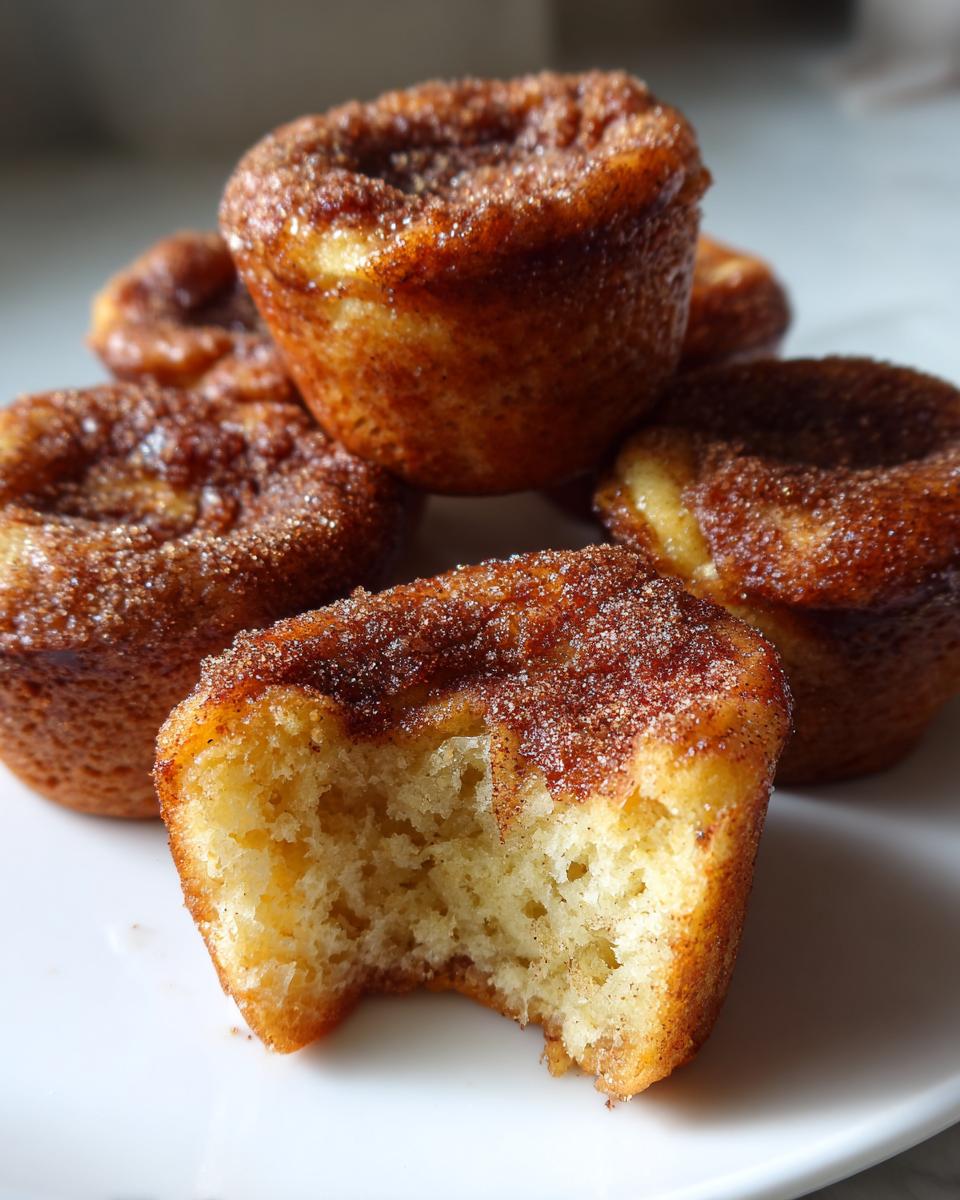 A pile of golden french toast muffins topped with cinnamon sugar, one has a bite taken out showing the soft interior.