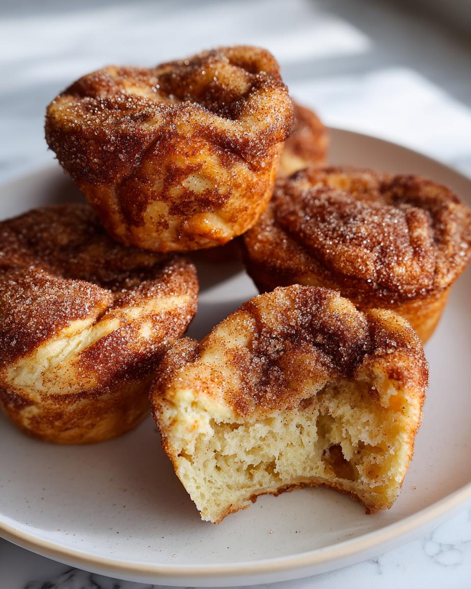 A plate of golden french toast muffins topped with cinnamon sugar, one muffin has a bite taken out showing the soft interior.