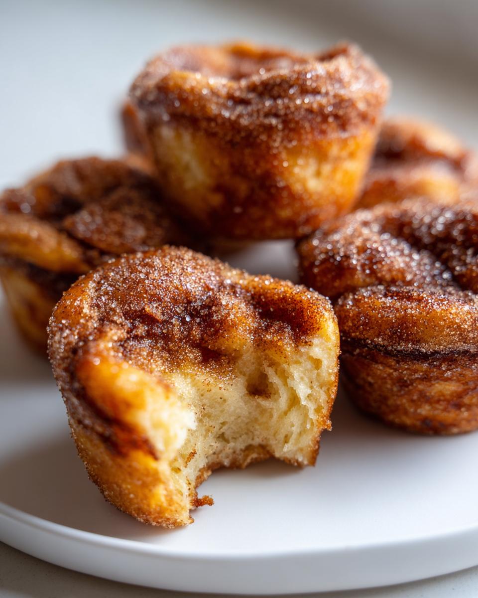 A close-up of several golden french toast muffins coated in cinnamon sugar, with one muffin having a bite taken out.