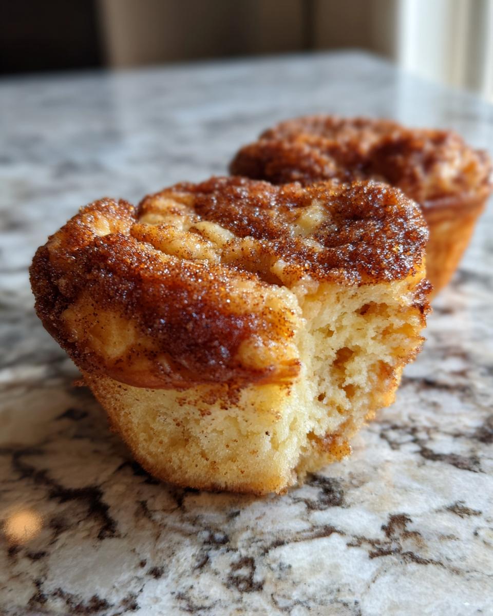 A bite taken out of a fluffy cinnamon sugar french toast muffin showing the soft interior and sugary topping.