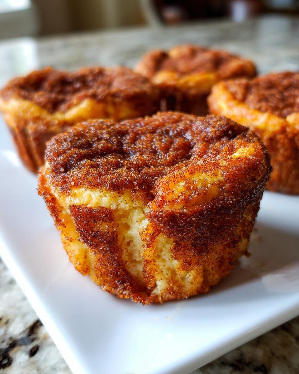 Close-up of a fluffy cinnamon sugar french toast muffin showing the golden interior and cinnamon topping.