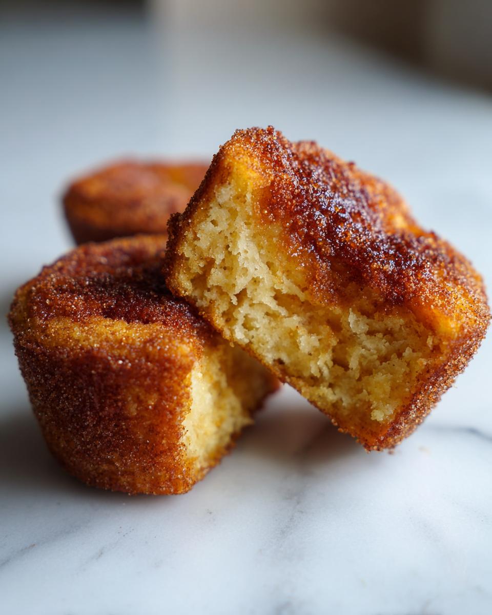 Close-up of a cinnamon sugar french toast muffins cut in half showing the fluffy interior texture.
