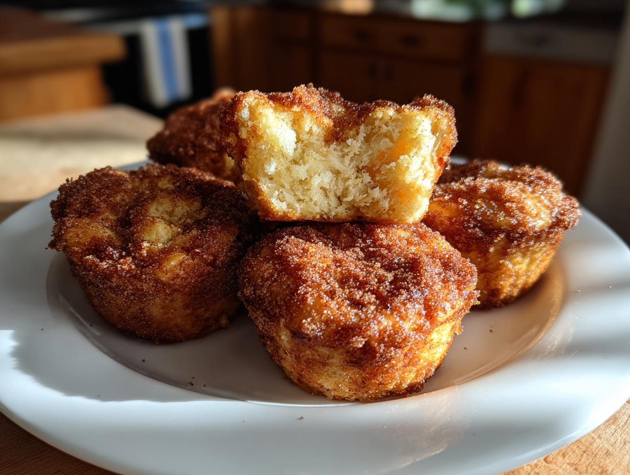 Four golden french toast muffins coated in cinnamon sugar, one broken open to show the soft interior.