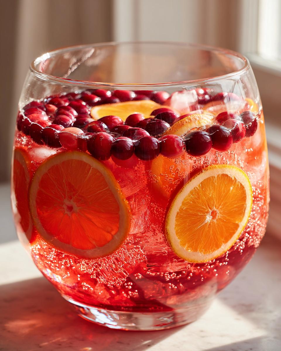 Close-up of a glass filled with vibrant red non-alcoholic christmas punch, garnished with fresh cranberries and orange slices.