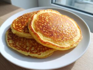 A stack of three fluffy coconut flour pancakes with golden-brown, bubbly tops on a white plate.