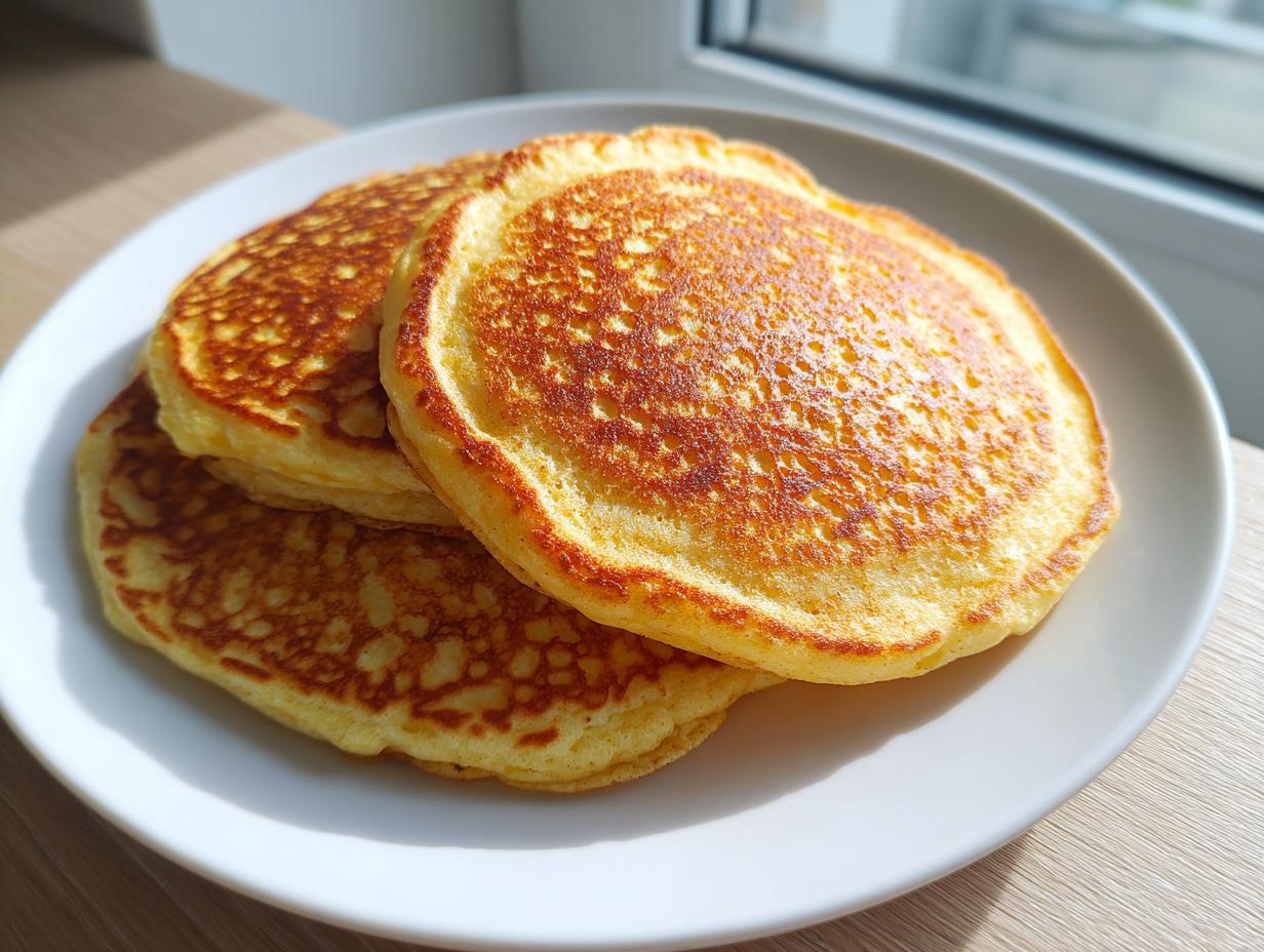 A stack of three fluffy coconut flour pancakes with golden-brown, bubbly tops on a white plate.