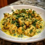Close-up of tender coconut lime chicken pieces coated in a rich, yellow sauce and topped with fresh cilantro.