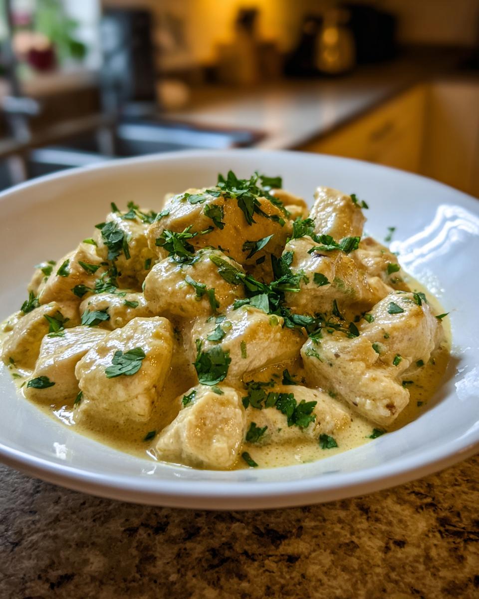 Close-up of cubed chicken pieces coated in a creamy sauce, garnished with fresh parsley, representing coconut lime chicken.