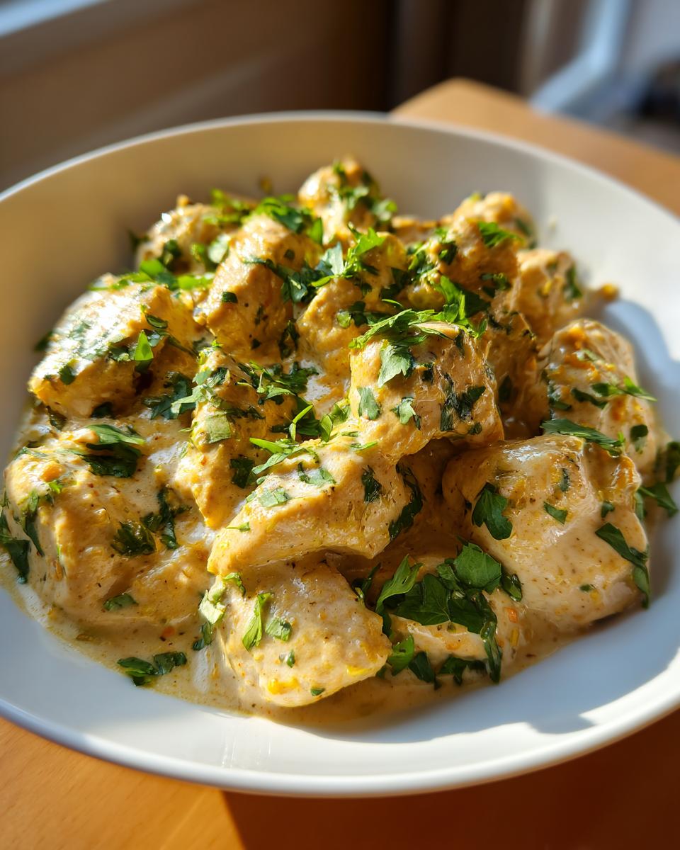 Close-up of creamy coconut lime chicken pieces generously topped with fresh chopped cilantro or parsley.