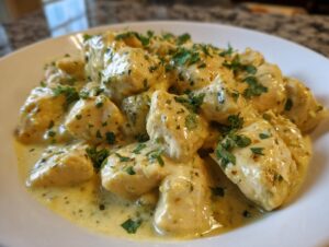 Close-up of bite-sized pieces of coconut lime chicken coated in a creamy, pale yellow sauce and garnished with fresh parsley.