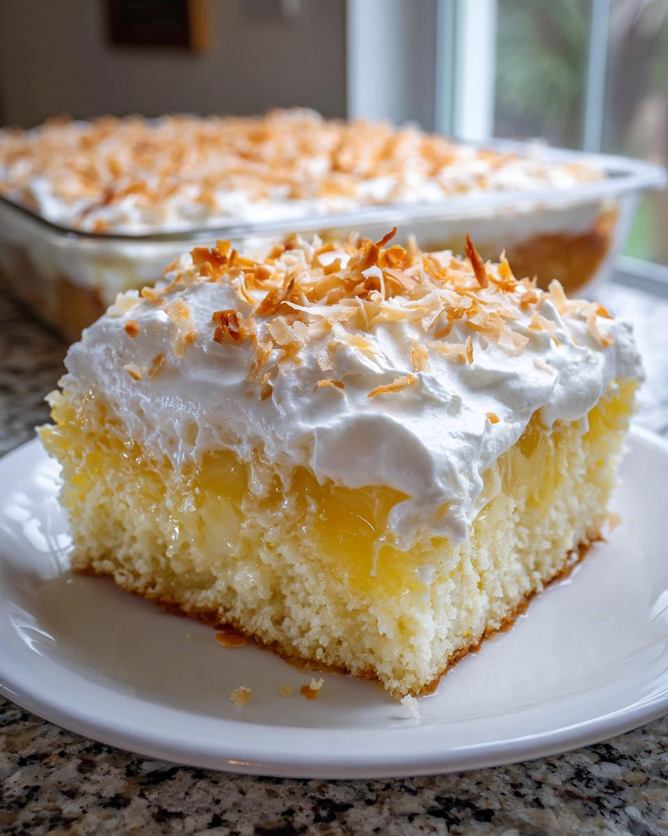 A moist slice of coconut poke cake topped with whipped cream and toasted coconut flakes.
