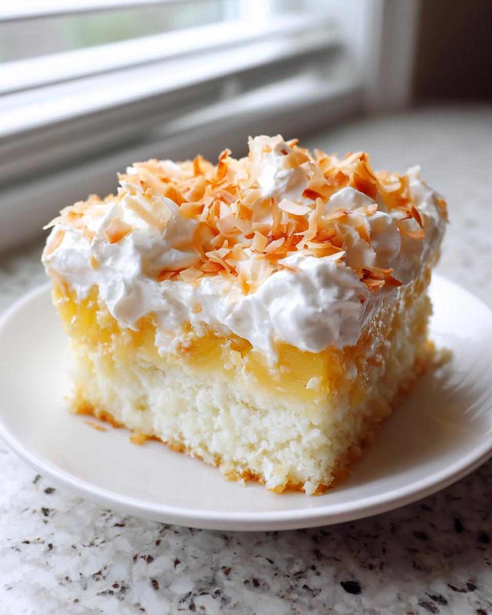 A square slice of moist coconut poke cake topped with whipped cream and toasted coconut flakes.