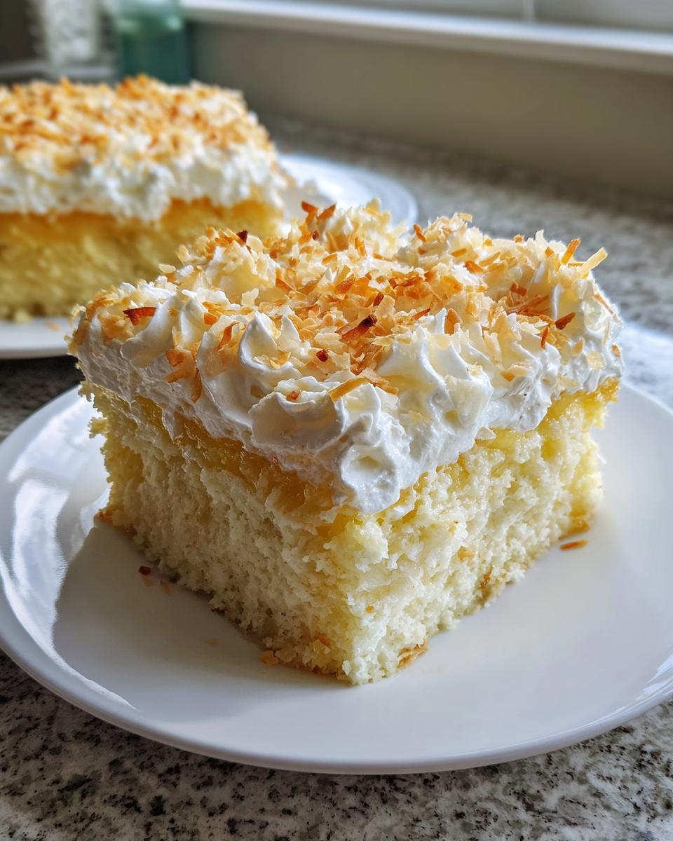 A square slice of moist coconut poke cake topped with whipped cream and toasted coconut flakes.