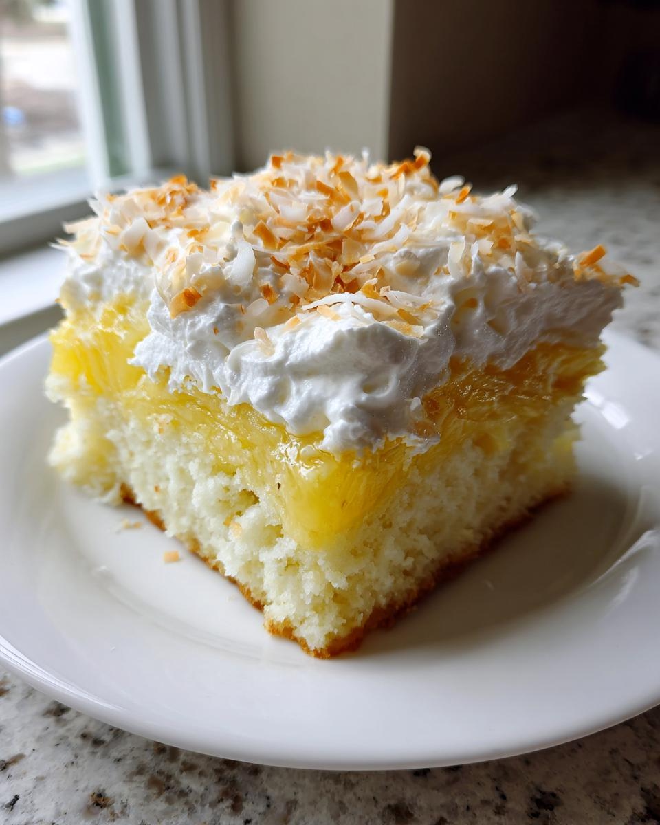 A moist slice of coconut poke cake topped with whipped cream and toasted coconut flakes.