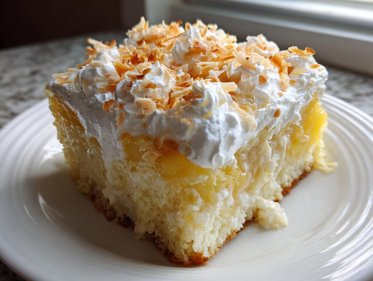 A moist slice of coconut poke cake topped with whipped cream and toasted coconut flakes.