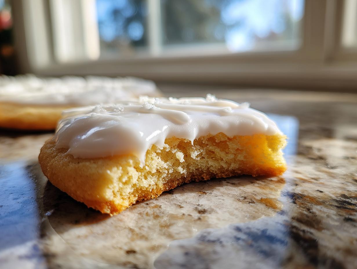 Close-up of a bitten sugar cookie topped with thick, white, glossy cookie icing recipe, set on a granite counter.