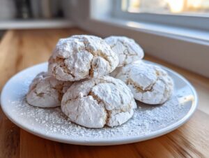 A stack of five soft, cracked cool whip cookies heavily coated in white powdered sugar on a small white plate.