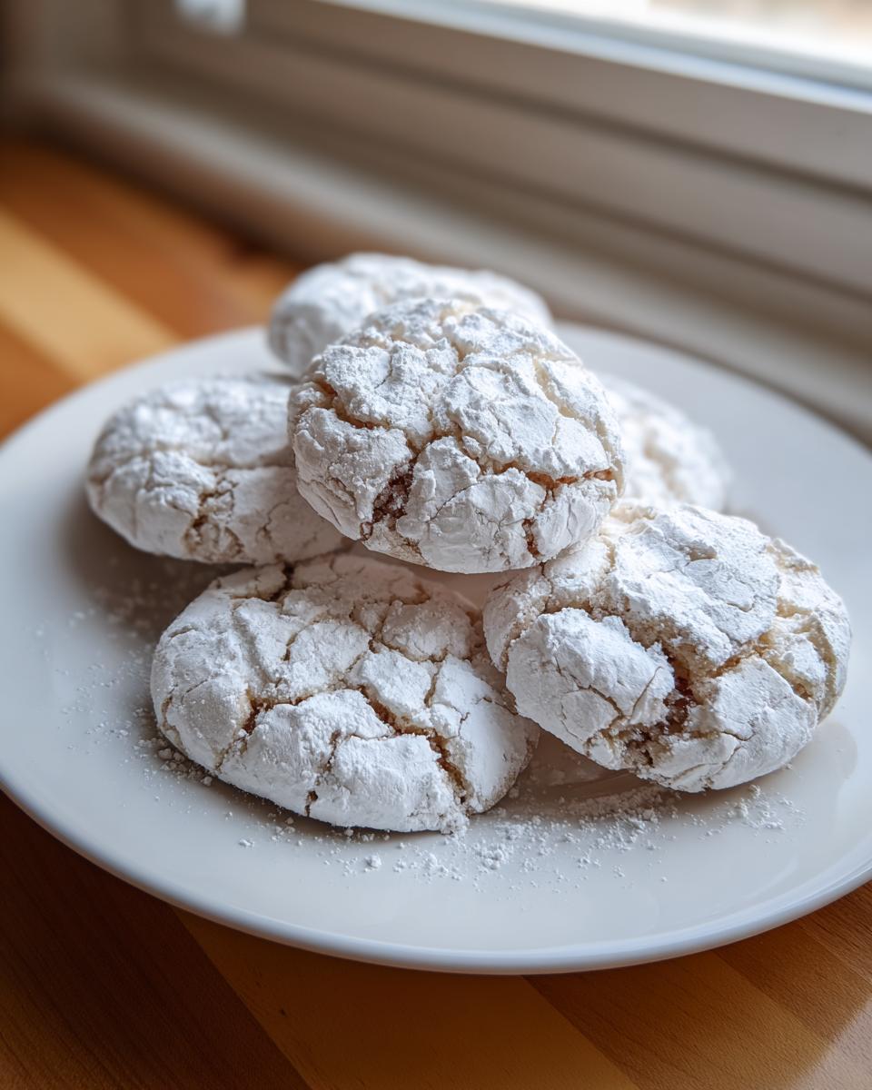 A stack of five crinkle-topped cool whip cookies heavily dusted with powdered sugar on a white plate.