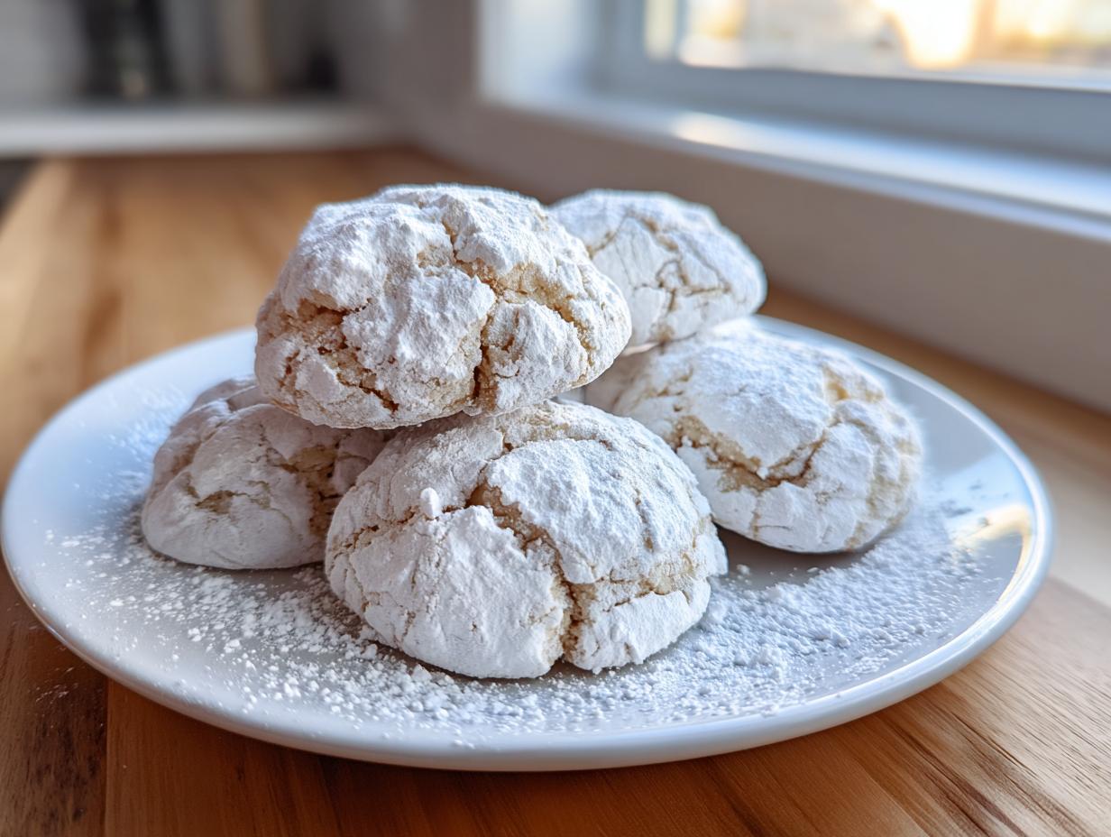 A stack of five soft, cracked cool whip cookies heavily coated in white powdered sugar on a small white plate.