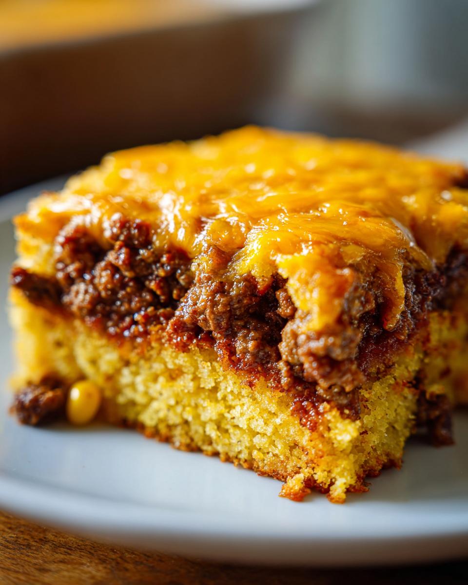 Close-up of a serving of cowboy cornbread casserole with a thick layer of seasoned ground beef and melted cheddar cheese.