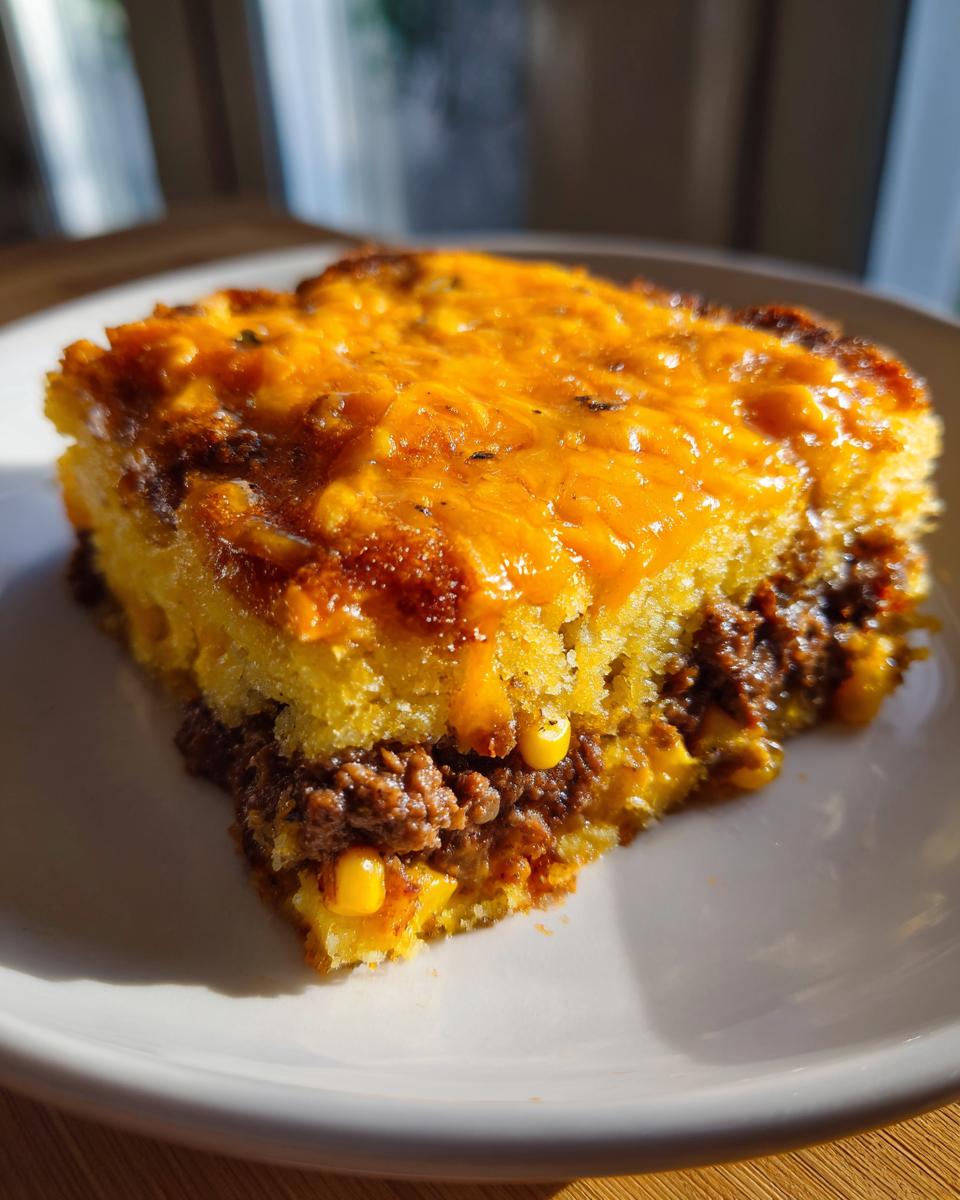 A close-up slice of cowboy cornbread casserole featuring a thick layer of ground meat and corn topped with melted cheddar cheese.