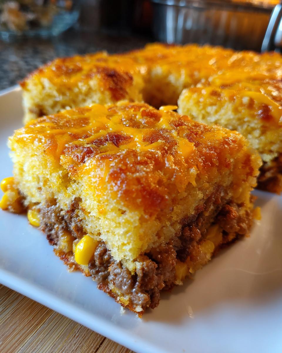 Close-up of a slice of cowboy cornbread casserole showing a layer of ground meat and corn topped with melted cheddar cheese.