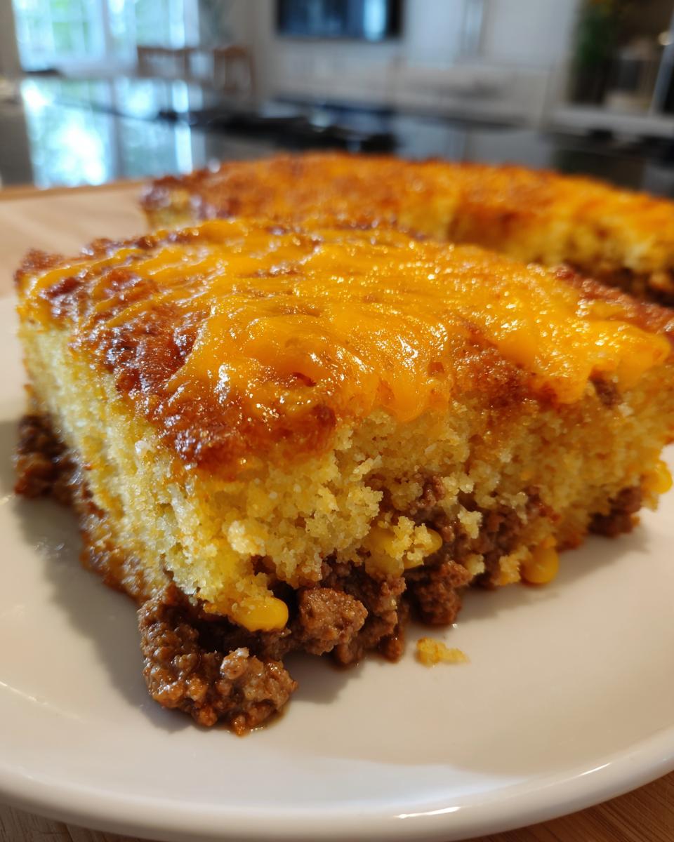 Close-up of a slice of cowboy cornbread casserole showing a layer of seasoned ground beef and corn topped with melted cheddar cheese.