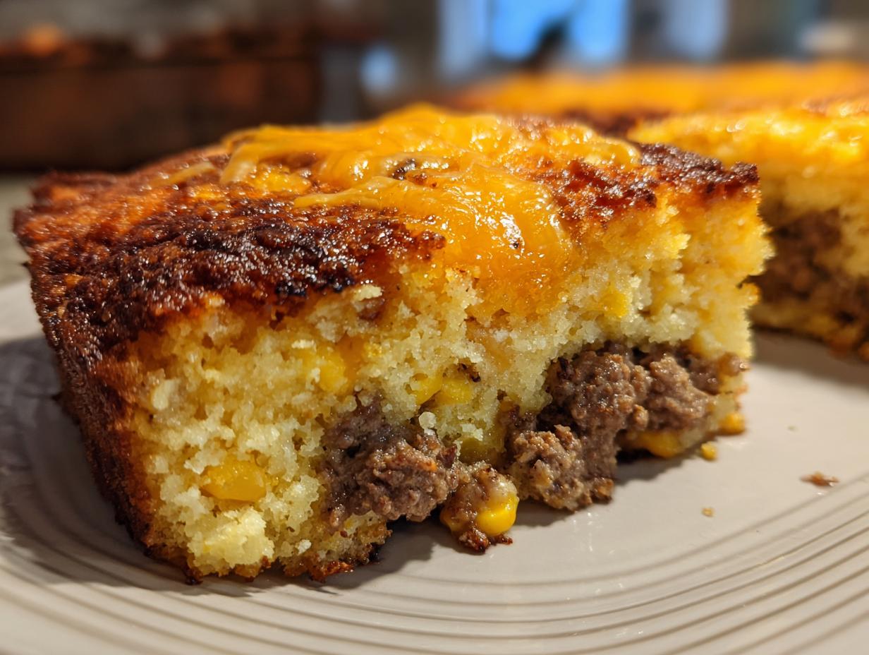 Close-up of a slice of cowboy cornbread casserole showing ground meat, corn, and melted cheddar cheese topping.