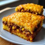 Two squares of cowboy cornbread casserole layered with seasoned ground beef, corn, and melted cheddar cheese.