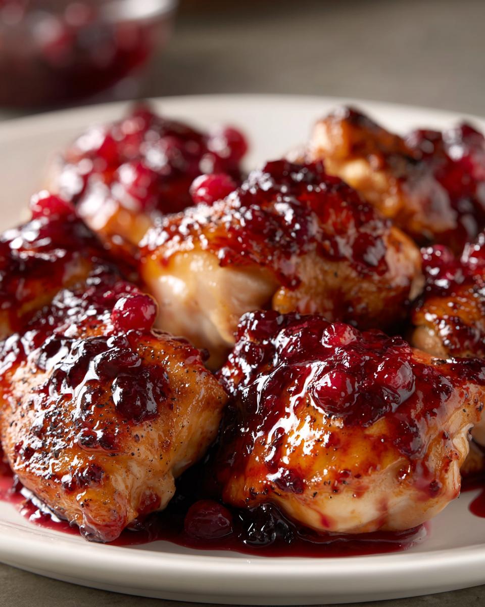 Close-up of perfectly cooked cranberry chicken pieces generously topped with a rich, glossy cranberry sauce.