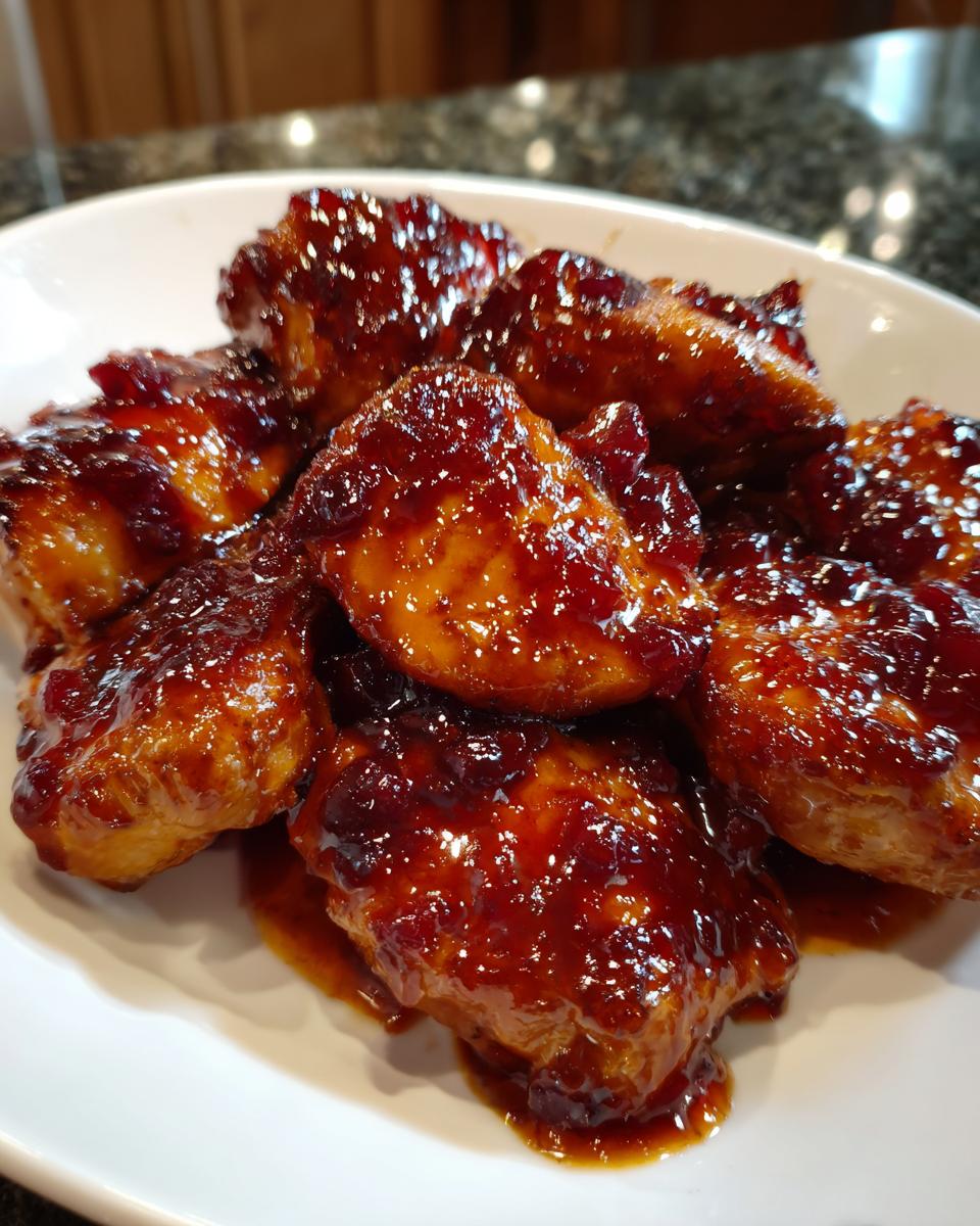 Close-up of tender chicken pieces coated in a thick, glossy, dark red cranberry sauce glaze, ready to eat.